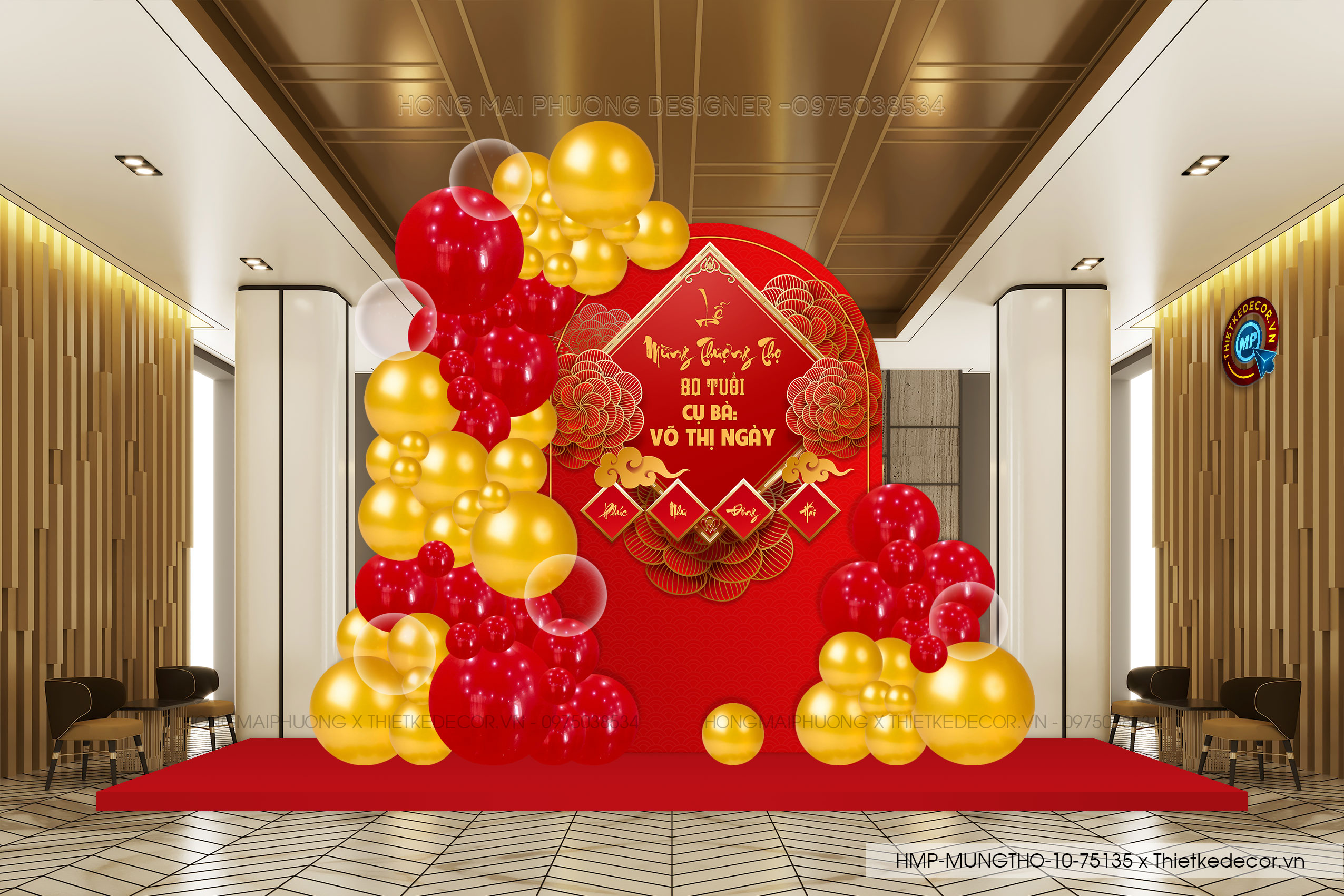 File thiết kế trang trí tiệc mừng thọ tone đỏ vàng sang trọng